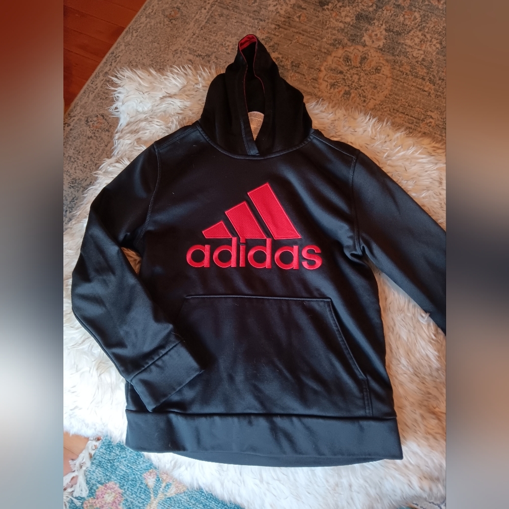Adidas Black and Red Jacket with Bold Logo Fleece Lined Hoodie
